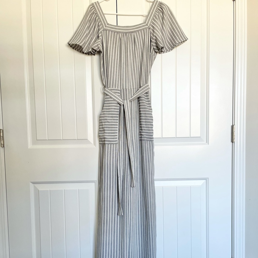 Grey and white striped jumpsuit